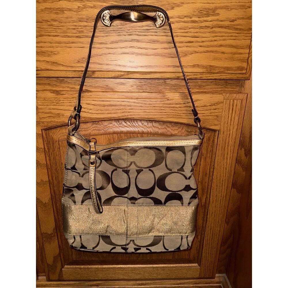 Y2K COACH Legacy Signature Tan Bucket Bag Brown Canvas Handbag Gold Stripe Hobo